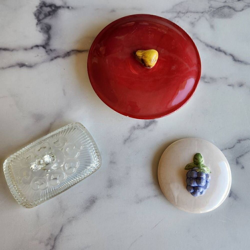 Cookie jar lids bundle of three ceramic pear grape clear etched glass butter lid